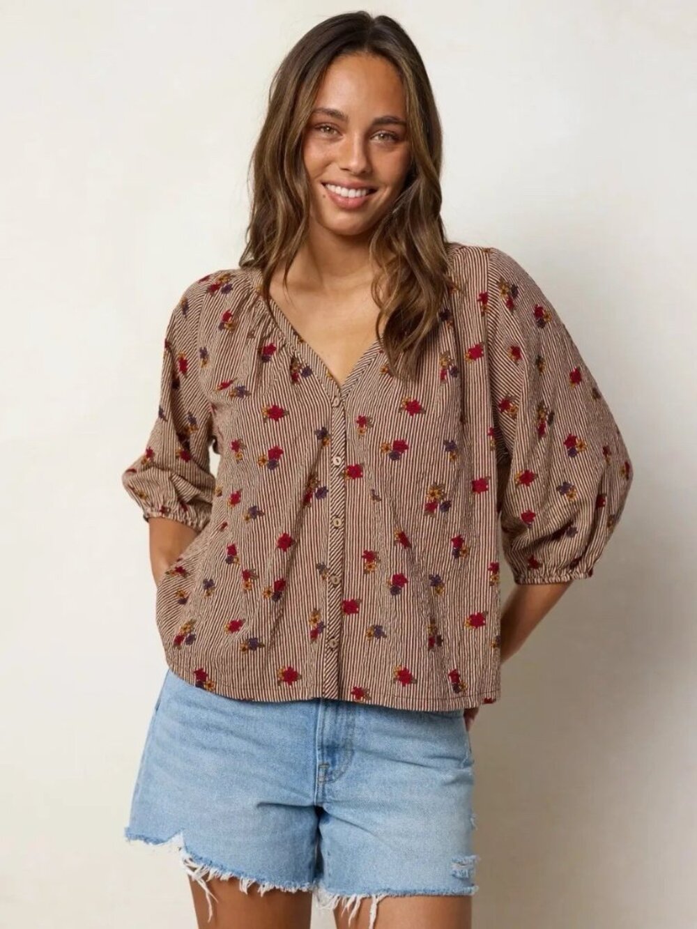 Natural Life Abby Blouse Sz XS Brown Ditsy Garden Stripe Floral Boho Peasant Top - Picture 2 of 6